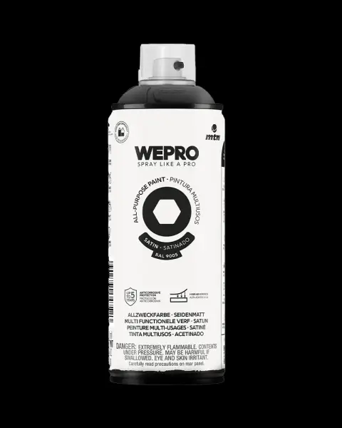 MTN WEPRO Cosmos Black RAL 9005, Melna krāsa aerosola flakonā, daudzfunkcionāla | Ātri žūstoša un pretkorozijas
