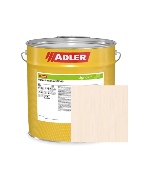 Can of ADLER Lignovit Interior UV 100 water-based wood glaze with a sample swatch showing the light Mont Blanc finish on softwood.